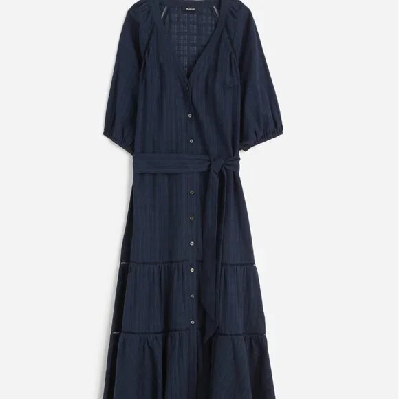 Madewell Tie-Waist Tiered Midi Dress in Windowpane Navy NEW NS139 Flowy - Picture 3 of 5